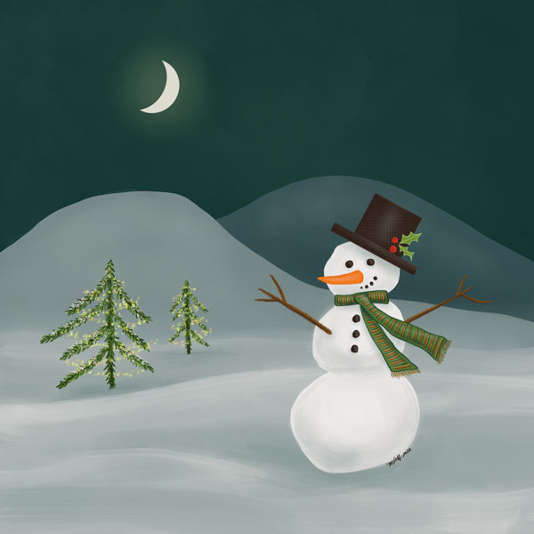 Snowman painting with crescent moon